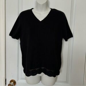 Rinorossi Black Crochet Trim V-Neck Women's Top 100% Cotton Medium Black